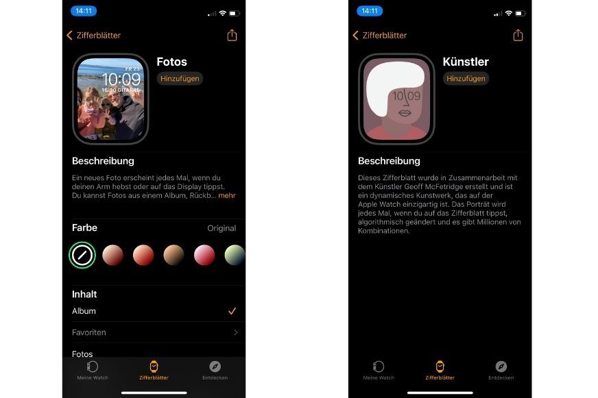 Man sieht, wie man in der Watch App verschiedene Watch Faces auswählen kann.